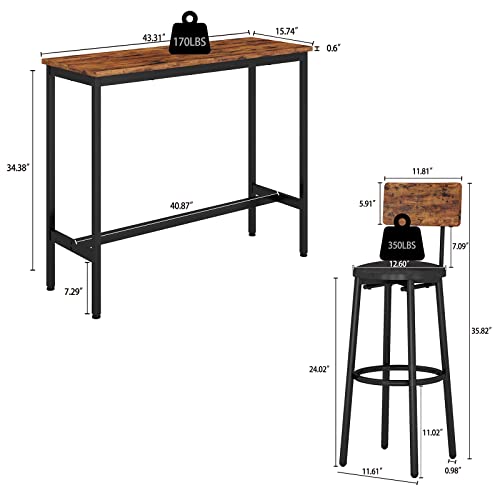 KIVENJAJA Bar Table and Chairs Set for 2, 3-Piece Small Pub Bistro Table and Upholstered Stools with Backrest, Counter Height Dining Table Set for Kitchen Restaurant, Rustic Brown - color: Rustic Brown, size: 3pcs-Rectangular Table