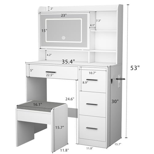 Viaozutis Vanity Desk with a Mirror and Lights,with Chair and Four Drawers, Three Adjustable Lighting Modes,with Power Outlet and Sliding LED Mirror,Bedroom Vanity Desk (White) - style: White