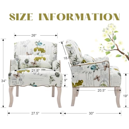 Floral Accent Chair with Arms Linen Fabric Modern Arm Chair with Removable Pillow Upholstered Corner Reading Chair Comfy Single Sofa for Living Room/Bedroom/Fireplace, Beige-Butterfly Pattern - color: Beige-butterfly Pattern, size: 1PC