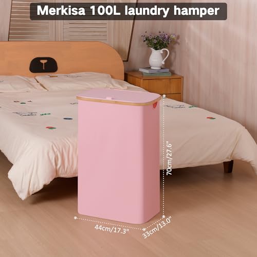 100L Laundry Hamper with Lid, Lagre Basket with Bamboo Handles,Foldable Clothes Hamper Tall Dirty Laundry Basket for Clothes Toys Towels Organizing,Pink - color: Pink, size: 100L with lid