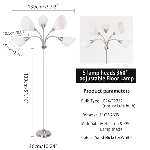Floor Lamp, 5 Adjustable Neck Heads with Lampshades, Multi-Light Standing Reading Lamp for Living Room, Bedroom, Office - color: Satin Nickel