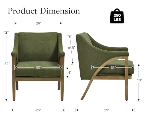 EALSON Modern Accent Chairs Set of 2 Comfy Living Room Chairs with Wooden Frame and Armrest Mid Century Upholstered Fabric Reading Lounge Armchairs for Living Room/Bedroom/Balcony, Chenille Green - color: Green, size: Set of 2