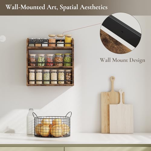 Spice Rack for Countertop, Wooden Spice Rack Wall Mounted | 3 Tier Spice Shelf for Wall, Rustic Hanging Spice Organizer for Kitchen, Vertical Seasoning Storage Rack for Pantry - color: Rustic Brown