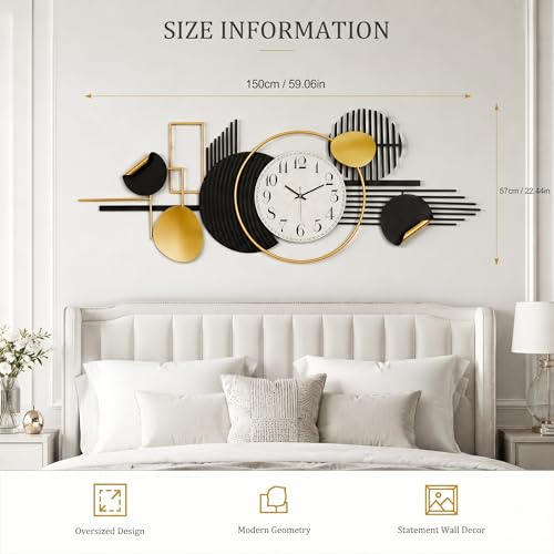 HAVFIFK 59" Large Metal Wall Clock,3D Silent Clock for Living Room | Layered Geometric Design, Easy to Install, Vertical or Horizontal Hanging Wall Art Decor for Bedroom, Dining Room, Office.