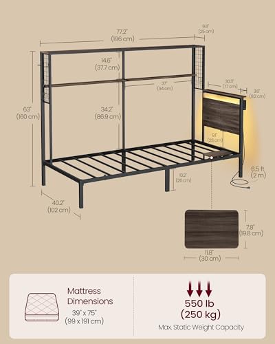 VASAGLE Twin Size Metal Bed Frame with Headboard, Multifunctional Storage, Built-in LED Lights, Charging Station, Bookshelf, Bedside Shelf, Space-Saving, No Box Spring Needed, Ash Brown URMB963K01 - color: Ash Brown