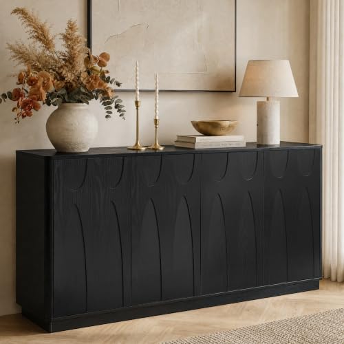 64" Sideboard Buffet Cabinet with Storage, 4 Doors Modern Storage Sideboard Cabinet with Adjustable Shelf Mid Century Accent Sideboard Large Credenza for Living Room Kitchen, Black - color: Black-1, size: 4 Door-1PC