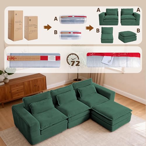 109" L Shape Modular Sectional Sofa with Ottoman, Boneless Couch Three-Layer Deep 3 Seat Convertible Pull Out Sofa Bed Sleeper for Living Room No Assembly 109" L-Green - size: 109"L