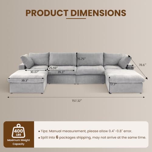 161" Cloud Modular Sofa, Convertible Modular U-Shaped Couch with Storage Ottoman, Cotton Linen Fabric Sofa for Living Room, Apartment and Bedroom, Removable Covers, 2 Pillows, Grey - color: Grey, size: U-Shape