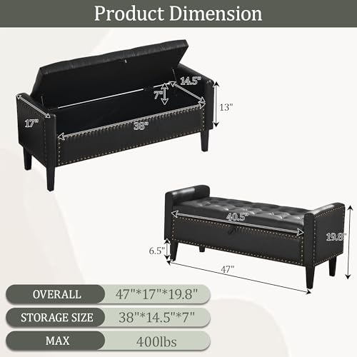 47'' Leather Storage Ottoman Bench, End of Bed Storage Bench with Wooden Legs, Upholstered Tufted Ottoman with Storage for Bedroom, Living Room, Entryway, Black - color: Pu-black