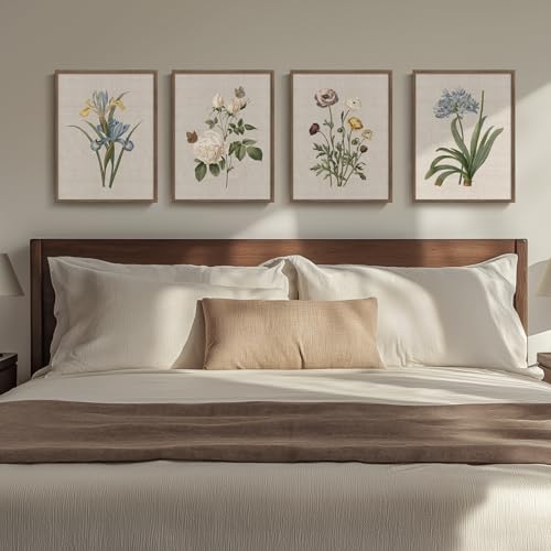 Framed Vintage Botanical Floral Wall Art for Bedroom, 4 Piece 11x14 In | Modern farmhouse wall decor, Flower pictures, Rustic retro paintings, Ready to hang canvas prints, Kitchen bedroom home decor - color: Floral - Walnut Framed, size: 11" W x 14" H x 4