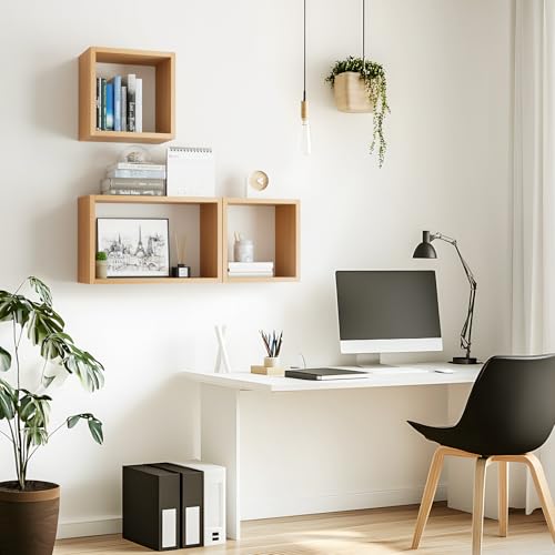 Wall Mount Shelf Set of 3, Floating Cube Shelves for Space Discovery Home and Commercial Use, Large Size Shelves Set, Light Walnut - color: Light Walnut, size: Set3