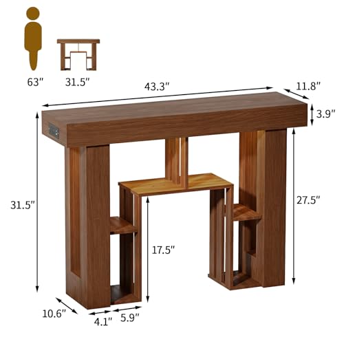 43.3" Console Table with Charging Station & USB-C Port, Behind Couch Sofa Table with LED Lights Narrow Entryway Table for Entrance Living Room Hallway Foyer, Walnut - color: Walnut