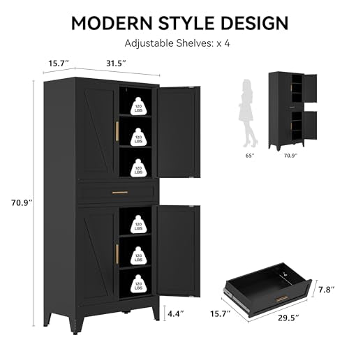 COFaR 71" Metal Pantry Cabinet with Drawer, Black Storage Cabinet with Adjustable Shelves, 3-Section Industrial Cupboard for Kitchen & Office - color: Black, size: 71"H 6 Tiers & Drawer