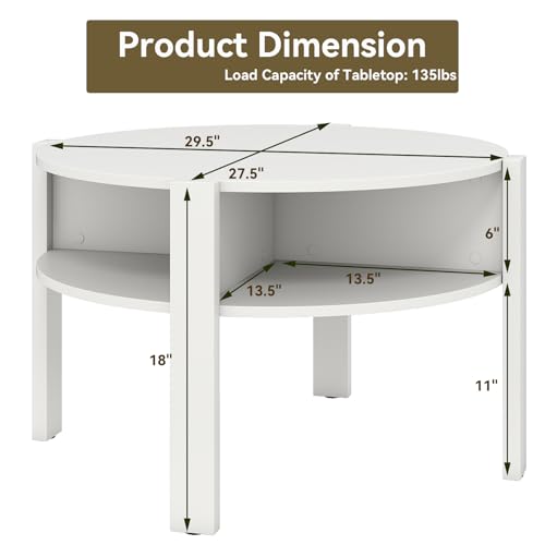 GIANTEX Round Coffee Table, Mid Century Modern Center Table (White) | 2-Tier Storage Shelves & 4 Side Compartments, Wood Coffee Table for Living Room, Small Spaces - color: White