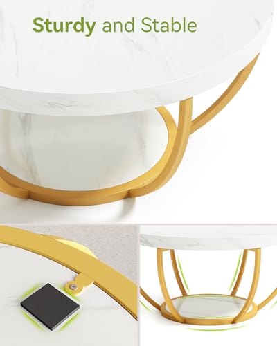 LITTLE TREE Round Coffee Table, 32" Faux Marble Circle Coffee Table | 2-Tier Wood Accent Center Table with Open Storage Industrial Design Home Furniture for Living Room(White and Gold) - color: White and Gold