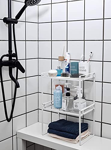 Shantton 2pk Kitchen Cabinet Shelf Counter Organizer Rack Pantry Storage Bathroom Bedroom Office Table Desk Space Saving Steel Frame Stackable Rust Resistant Non Slip White-Tall- L13in W8.3in H9.5in | 2-Pack Stackable Metal Riser Holds 40LBS with Non-Slip