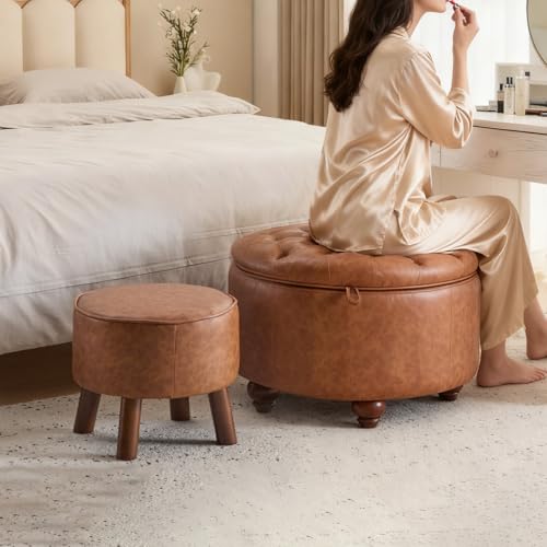 24Inch Round Storage Ottoman, Set of 2, Modern PU Leather Coffee Table with Removable Top, Upholstered Ottoman with Storage Footrest Stool for Living Room, Bedroom (Brown) - color: Brown