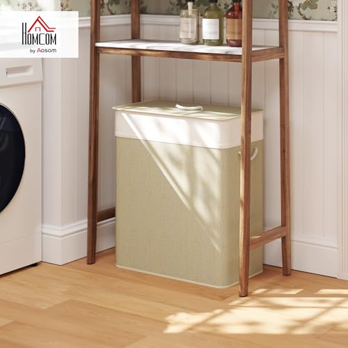 HOMCOM Double Laundry Basket with Lid 26.4 Gallon Bamboo Hamper Natural | Rope Handles, Clothes Hamper, Removable Liner, Bathroom, Bedroom - color: Natural