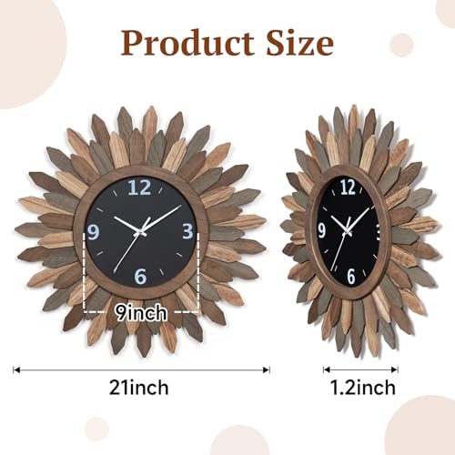 Large Wall Clock Battery Operated 21 in Rustic Wood Boho Sunburst Decorative Wall Clock Silent Non Ticking Farmhouse Wall Clocks for Living Room Bedroom Kitchen Bathroom Decor (Tricolor) - color: Tricolor, size: 21 inch