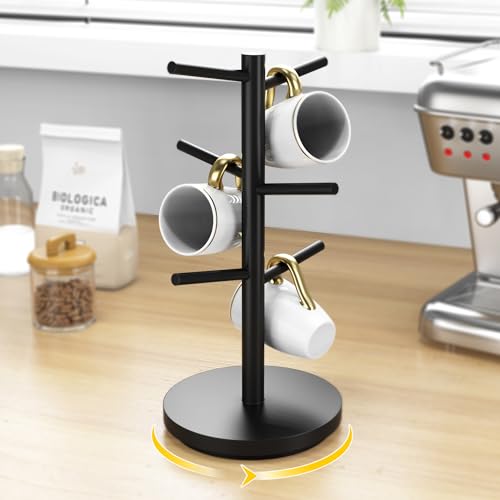 Wisuce Coffee Mug Holder Tree Upgraded 360Rotated Cup Holder for Counter Black Wood Cup Tree Mug Rack Organizer Stand with 6 Hooks for Kitchen Coffee Bar Accessories - color: Black (6 Hooks Rotated)