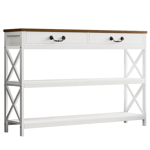 IRONCK 47.2" Farmhouse Console Table, Sofa Table with 2 Drawer, White | Narrow Long Entry Table with 2 Shelf for Entryway, Living Room, Hallway - size: 47.2inch
