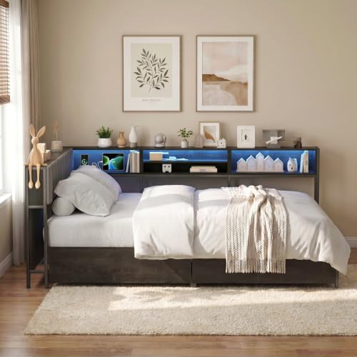 VOWNER Full Corner Bed Frame with Storage and RGB LED Lights, Grey | Upholstered Full Bed Frame with 2 Drawers and Charging Station for Kids Teens, Metal Platform Daybed for Bedroom & Guest Room