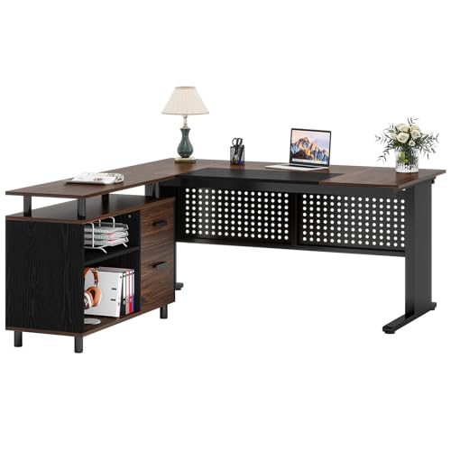 Tribesigns 63 Inch Executive Desk with File Cabinet, L Shaped Office Desk | Large Office Desk with File Drawer, L Shaped Desk with Storage Shelf, Business Furniture for Home Office, Dark Walnut - color: Black and Dark Walnut