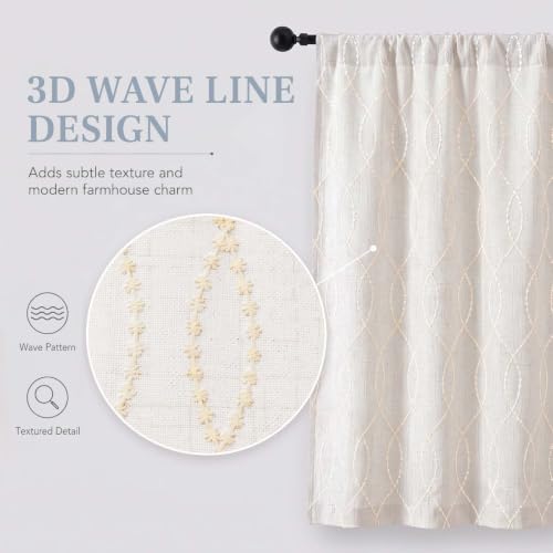 Chyhomenyc Short Curtains Tiers 24 Inch Length, 2 Packs | Light Filtering Faux Linen Half Window Cafe Curtains for Bathroom Laundry, Each 26Wx24L, Natural with Beige 3D Wave Line - color: Natural With Beige, size: 26"W x 24"L (Pack of 2)