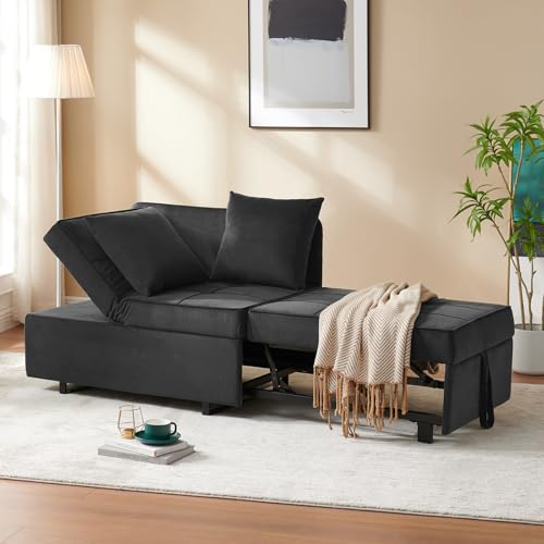 Convertible Sofa Bed 4-in-1 Pull Out Couch, Ottoman Bed Sleeper, Dark Grey | Velvet Love seat Couch Sleeper Chair Bed with USB Ports, 5 Adjustable Backrest and Pillow for Living Room Apartment Office - color: Grey