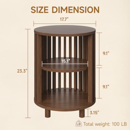 23" Round End Table, Wood Bedside Table, Mid Century Modern Nightstand with Open Storage Shelf, 3 Tier Small Side Tables for Living Room, Bedroom, Curved Profile Design, Walnut - color: Walnut, size: 23" H