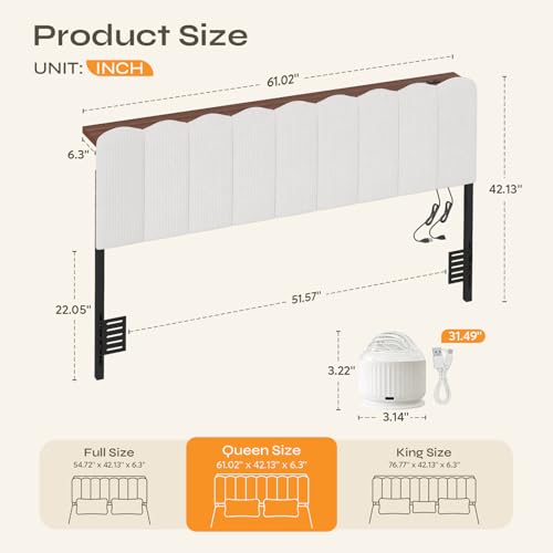 Queen Aurora Light Headboard with Storage Shelf, White | Aurora ceiling projector, scalloped tufted design, USB-A & Type-C ports, storage shelf, adjustable height, foam padded - color: White-with Aurora Light, size: Queen