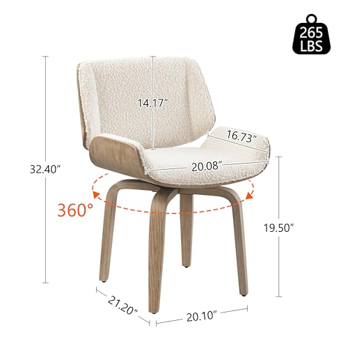 Mid Century Swivel Desk Chair No Wheels, Oak Bentwood, Off White | Faux Leather, Solid Wood Legs, 360° Swivel, High-Density Foam, Adjustable Foot Pads, Home Office, Bedroom, Dining Room - color: White, size: Style A