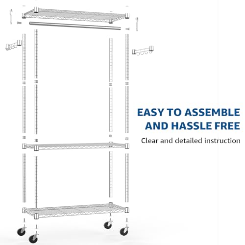 M MZG Heavy Duty Rolling Garment Rack 3 Tiers Adjustable Wire Shelving Clothes Rack with Rods and Side Hooks,Storage Closet Clothing Rack with Wheels Chrome 15.7" D x 29.5" W x 74.5" H - color: Chrome, size: 3 Tier with 1 rod, 15.7"D x 29.5"W x 74.5"H