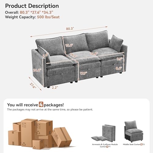 80" Cloud Modular 3 Seater Sofa with Storage, Modern Upholstered Storage Sofa Couch Deep Seat, Sectional Sofa Chenille Comfy Couch with Armrests for Living Room, Small Space, Light Grey - color: Light Grey, size: 80" 3 Seater