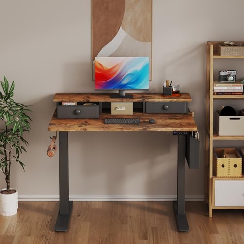 Electric Standing Desk Adjustable Height - 40 Inch Sit Stand Desk with Storage Drawers , Small Standing Desks with Shelf Monitor Stand, Kids Girls Computer Desks for Bedroom Home Office, Rustic Brown - color: Brown, size: 39.4''