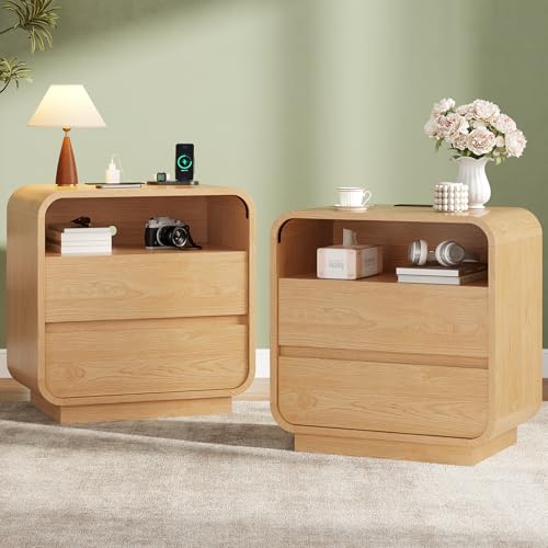 HAUOMS 23.6" Wide Wood Bedside Table, Curved Profile Design, Natural Oak | Charging Station, 2 Storage Drawers, 25" Tall Nightstand, Large Mid Century End Table, Bedroom/Living Room, Easy Assembly - color: Natural Oak