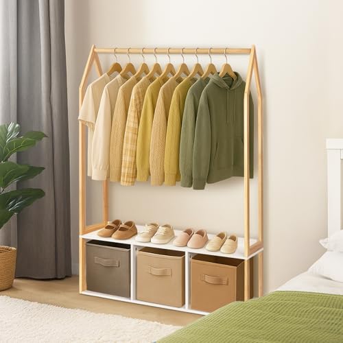 Wood Clothes Rack with Storage, Freestanding Clothing Racks for Hanging Clothes Garment Rack for Bedroom, Entryway, Living Room