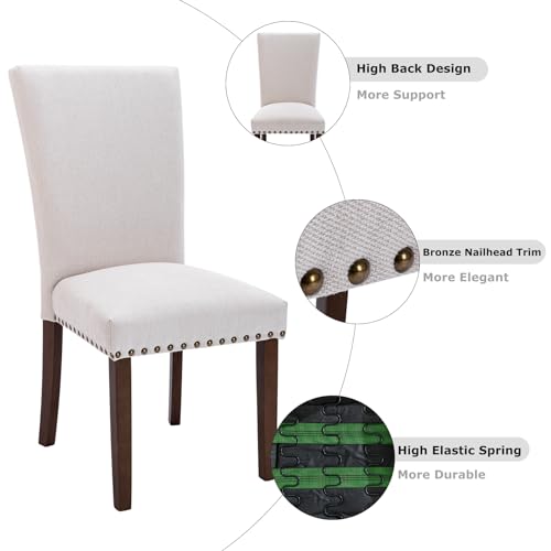 COLAMY Upholstered Dining Chairs Set of 6, Parsons Style Side Chairs with Nailhead Trim and Solid Wood Legs, Comfortable Linen Fabric for Kitchen & Dining Room – Beige - size: set of 6
