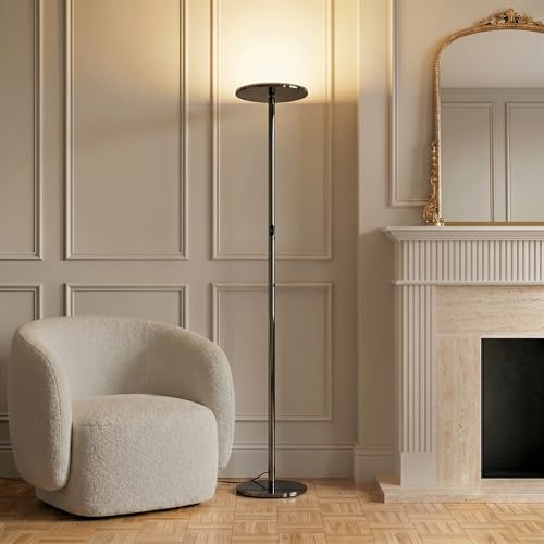 Brightech Sky LED Floor lamp, Torchiere Super Bright Floor Lamp for Living Rooms & Offices - Dimmable, Tall Standing Lamp for Bedroom Reading - Black Chrome - color: Shiny Gunmetal Black