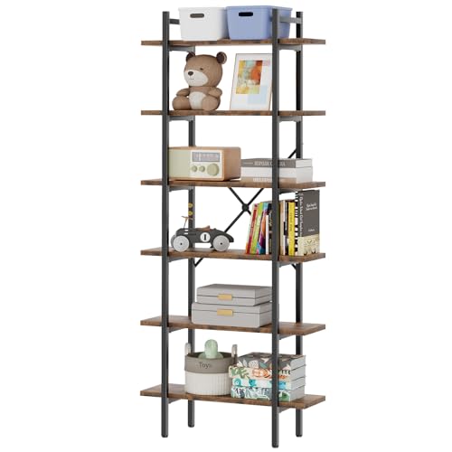 6 Tiers Bookshelf Organizer Industrial Tall Shelving, Modern Open Bookcase | Brown - color: Rustic Brown, size: 6-Tiers