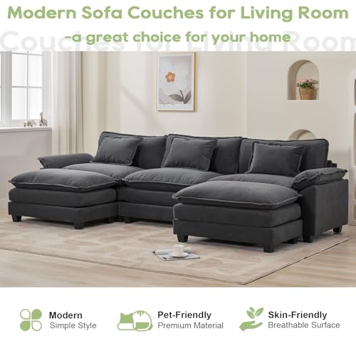 120" Modular Sectional Sofa, Comfy Deep Cloud Couch with Ottoman | U-Shaped Couches for Living Room, Modular Couch, Deep and Wide Seat, Velvet Sofa Sleeper with Throw Pillows, Blue Grey - color: Blue Gray, size: 120 Inch U