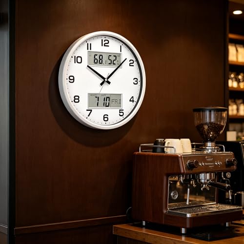 13" White Battery Powered Silent Wall Clock with Calendar Temperature and Humidity H-7326 - color: White