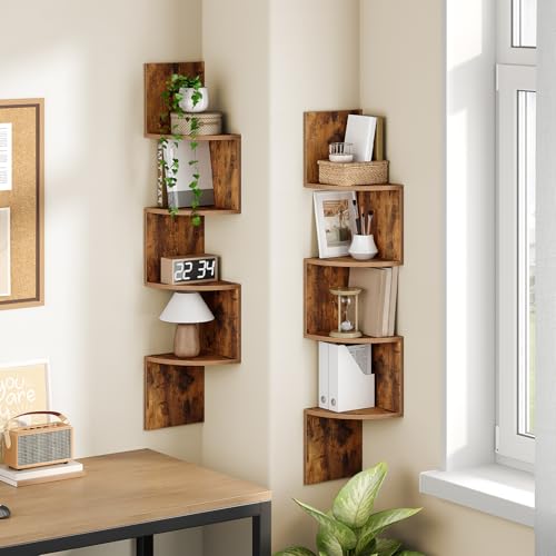 HOOBRO Corner Shelf Wall-Mounted, Set of 2 Floating Corner Shelves for Wall, 4-Tier Corner Bookshelves for Living Room, Bedroom, Bathroom, Home Office, Rustic Brown BF25BJP201 - color: Rustic Brown, size: 41.3 Inches