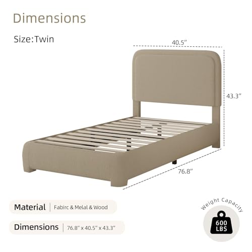 BarnFurin Twin Bed Frame, Cloud Boucle Headboard, Rounded Corners, Beige | Soft boucle and rounded edges create a low-profile cloud look. Wooden slats support the mattress without a box spring - color: Beige, size: Twin