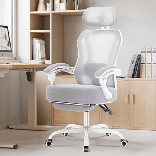 Ergonomic Office Chair with Footrest,Ultra Thick Desk Chair,Grey | 150°Reclining,Mesh High Back,Adjustable 2D Lumbar Support and Headrest,4.8" Spring Cushion,Premium Computer Chair for Adults - color: Grey