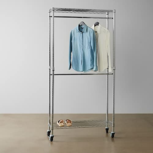 Amazon Basics Adjustable Clothes Rack for Handing, Double Hanging Rod Garment Rolling Closet Clothing Organizer, Chrome, 36'' x 14'' x 72'' - color: Chrome