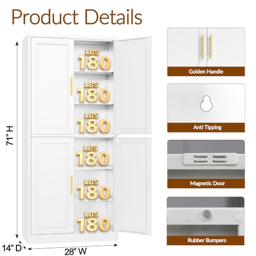 CJF White Kitchen Pantry Cabinet,71 Inch Tall Metal Storage Cabinet with 4 Adjustable Shelves and 4 Doors, Freestanding Pantry Cabinet for Kitchen, Living Room, Dining Room, Bathroom - color: White, size: 71"Hx 28"Wx 14"D-4Doors