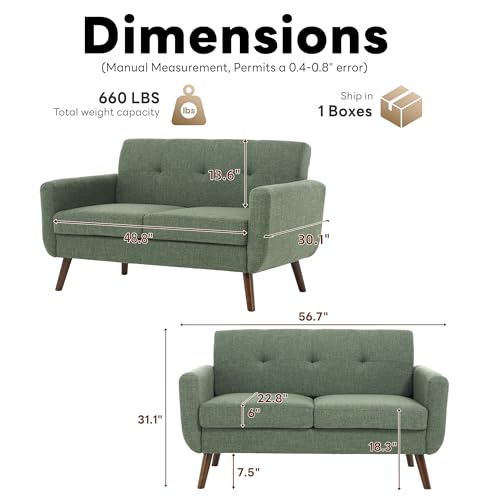 Tbfit 56" W Loveseat Sofa, Mid Century Modern Decor Love Seat Couches for Living Room, Button Tufted Upholstered Small Couch for Bedroom, Solid and Easy to Install Love Seats Furniture, Green - color: Green, size: 56.7 inch