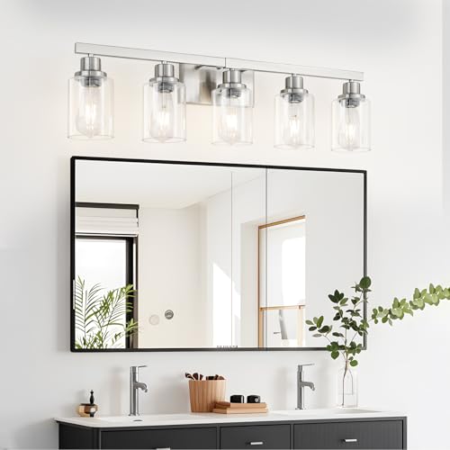 Bathroom Vanity Light, 5-Light Nickel Modern Matte Wall Sconce Lighting with Clear Glass Shade, Wall Lights,Bath Vintage Wall Mounted Lamps for Mirror Bedroom Living Room - color: Nickel, size: 5-light