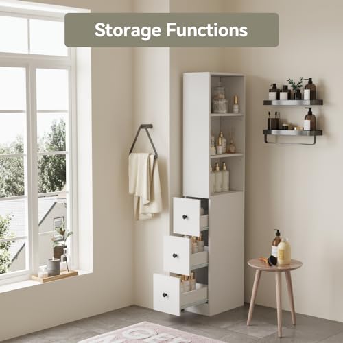 ARTETHYS Tall Slim Bathroom Storage Cabinet with 3 Adjustable Shelves | Free Standing Space Saver Cabinet with 3 Drawers for Living Room, Kitchen, Classic White - color: White